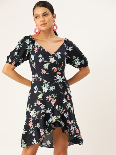 

Label Ritu Kumar Navy Blue & Green Floral Printed A-Line Dress