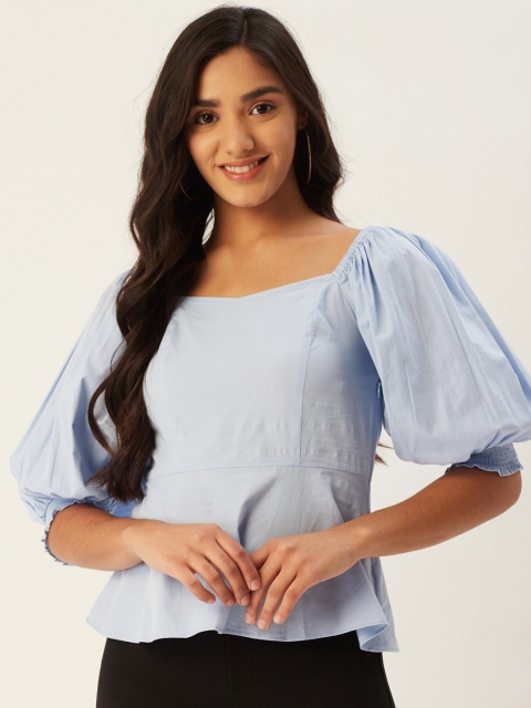 

Label Ritu Kumar Blue Cotton Sweetheart Neck Peplum Top