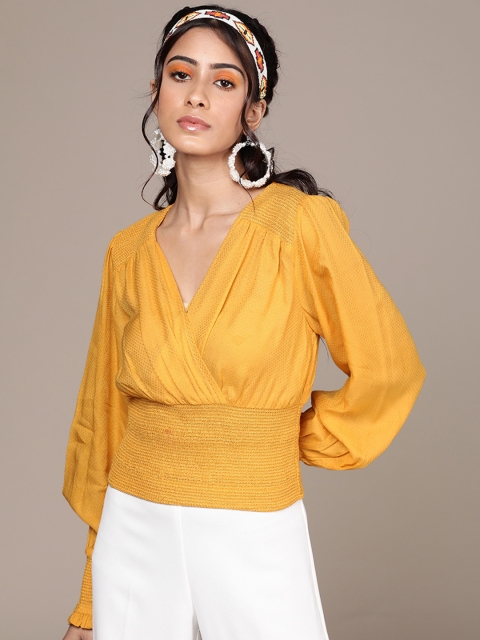 

Label Ritu Kumar Mustard Yellow Self-Design Smocked Wrap Top