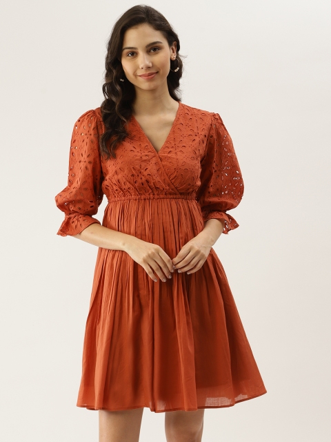 

Label Ritu Kumar Rust Brown Pure Cotton Floral Schiffli Embroidered A-Line Dress