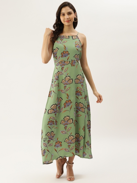 

Label Ritu Kumar Green & Mustard Brown Printed Crepe Maxi Dress