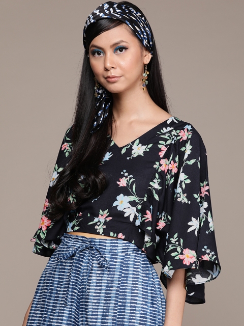 

Label Ritu Kumar Navy Blue & Green Floral Print Crop Top