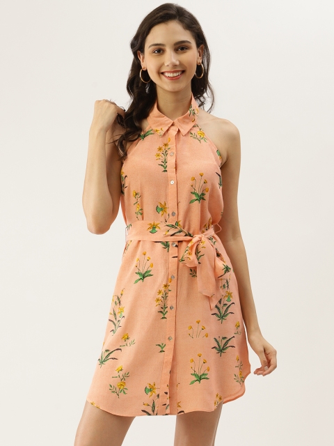 

Label Ritu Kumar Women Peach Coloured & Green Floral Print Shirt Dress