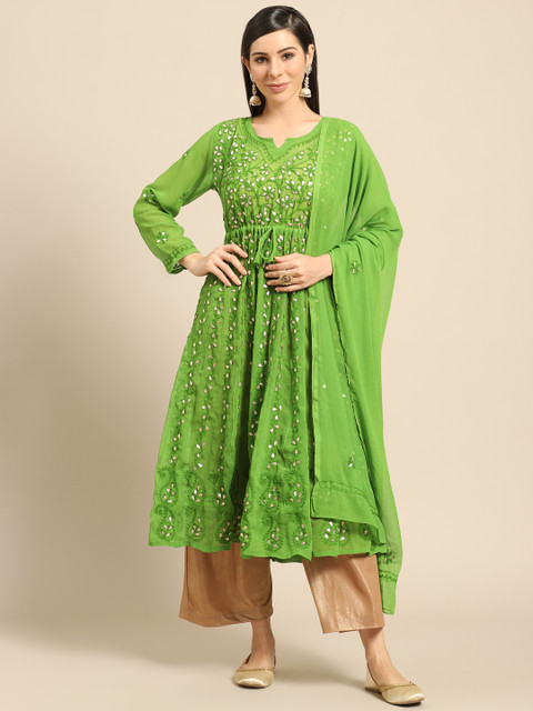 

Saadgi Women Green & Golden Chikankari Embroidered Georgette Handloom Kurta with Dupatta