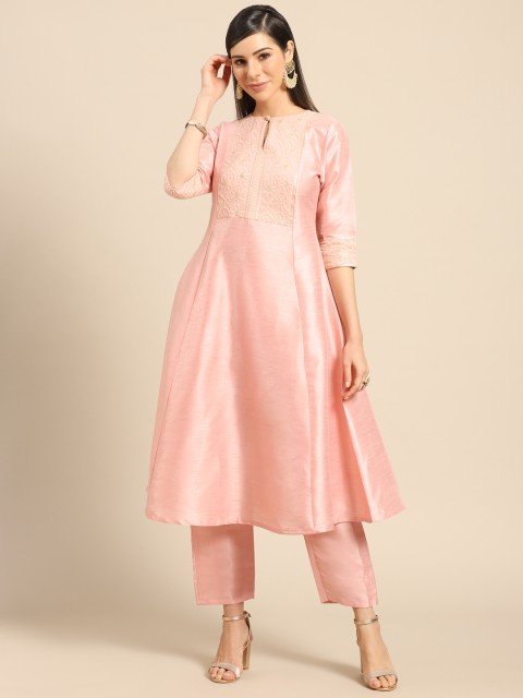 

Saadgi Women Peach-Coloured Chikankari Yoke Design Handloom Kurta with Trousers