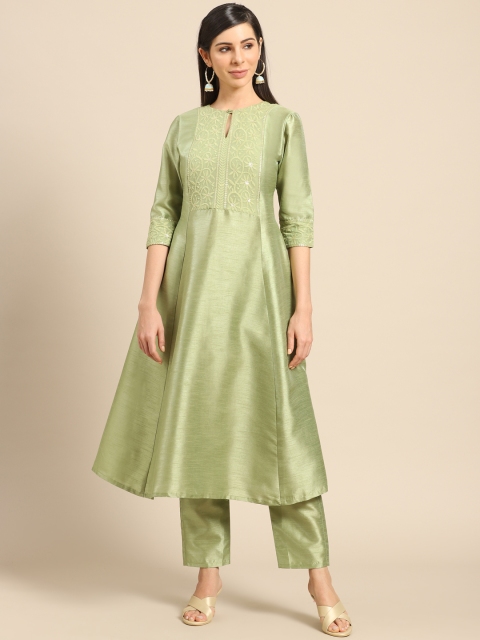 

Saadgi Women Green Chikankari Yoke Design Dupion Silk Handloom Kurta with Trousers