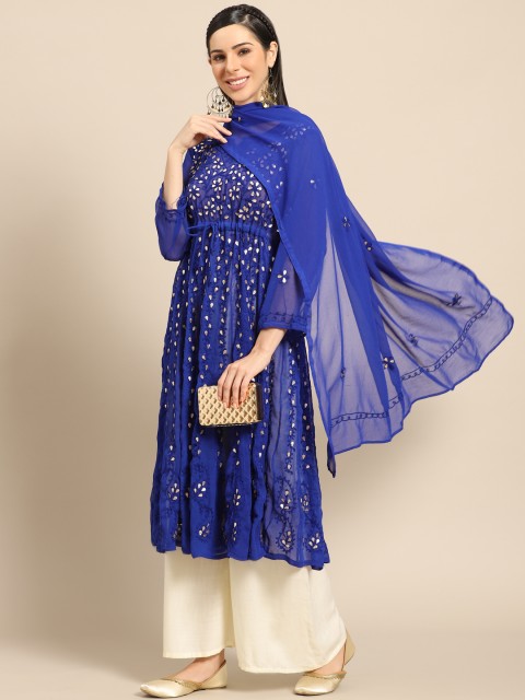 

Saadgi Women Blue & Golden Aari Embroidered Georgette Handloom Kurta with Dupatta