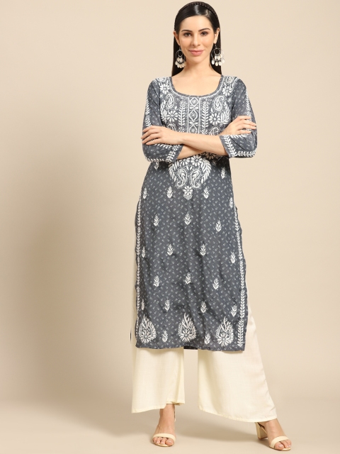 Saadgi Women Grey & White Ethnic Motifs Chikankari Embroidered Handloom Kurta