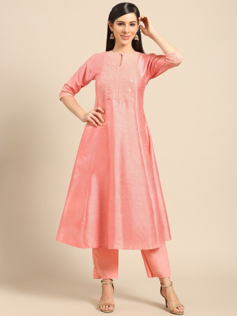 

Saadgi Women Coral Pink Chikankari Yoke Design Dupion Silk Handloom Kurta with Trousers