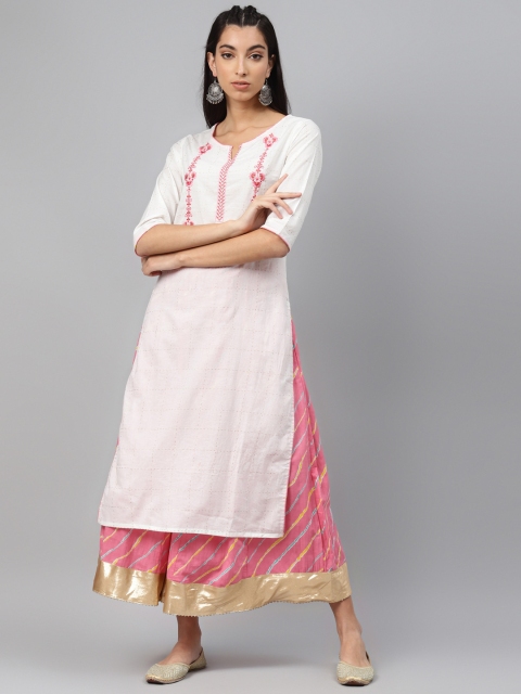 

Laabha Women White & Pink Checked Pure Cotton Kurta with Palazzos