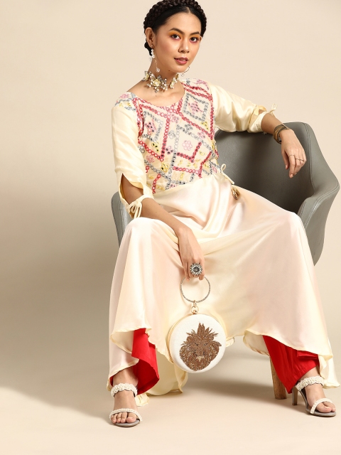 

Tikhi Imli Women Cream-Coloured Yoke Design Mirror Work Kurta