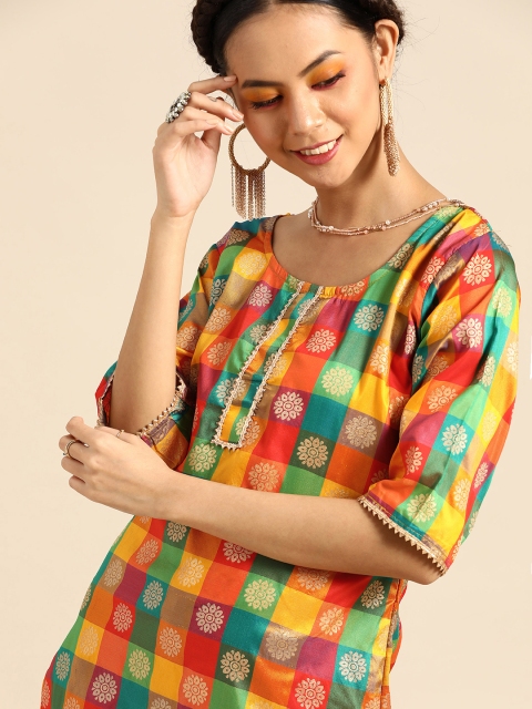 

Tikhi Imli Women Orange & Teal Blue Checked Jacquard Kurta