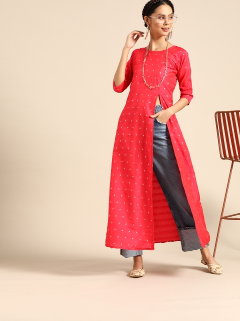 

Tikhi Imli Women Fuchsia & Golden Geometric Woven Design Jacquard Front Slit A-line Kurta