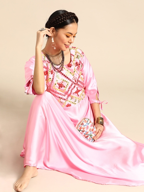 

Tikhi Imli Women Pink & Red Geometric Embroidered Mirror Work Satin Finish A-line Kurta
