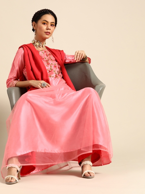 

Tikhi Imli Women Pink Motifs Embroidered Sequinned Satin Finish A-line Kurta