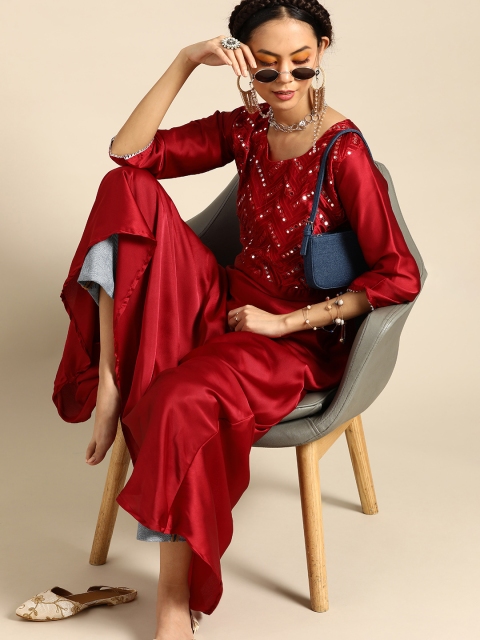 

Tikhi Imli Women Maroon Chevron Yoke Design Mirror Work Satin Finish A-line Kurta