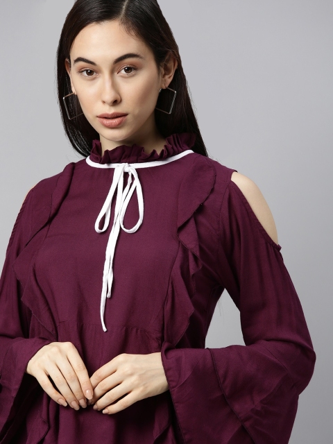 

The Dry State Maroon Solid Cold Shoulder Regular Top