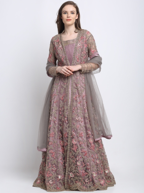 

Stylee LIFESTYLE Mauve & Grey Net Semi-Stitched Dress Material