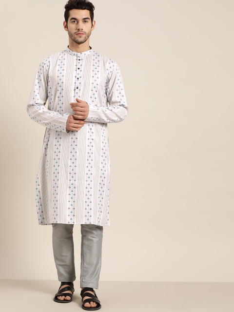 

VASTRAMAY Men Off White & Navy Blue Striped Kurta