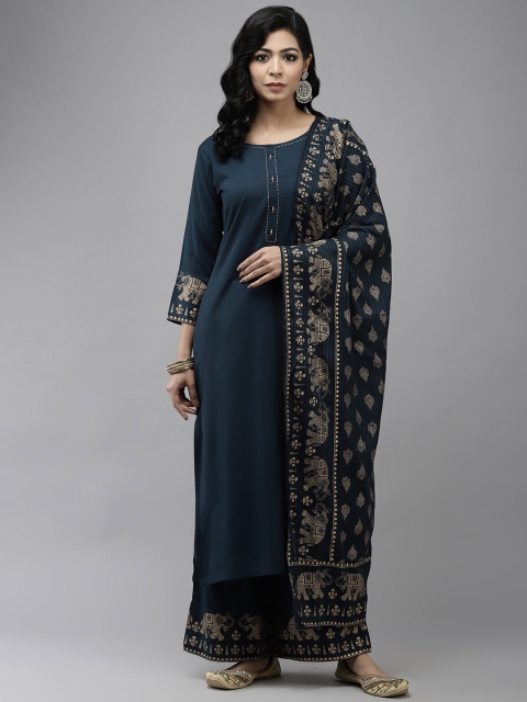 

Yufta Women Navy Blue & Gold-Toned Pure Cotton Kurta with Palazzos & With Dupatta