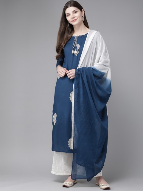 

Yufta Women Navy Blue & White Embroidered Kurta with Palazzos & Dupatta