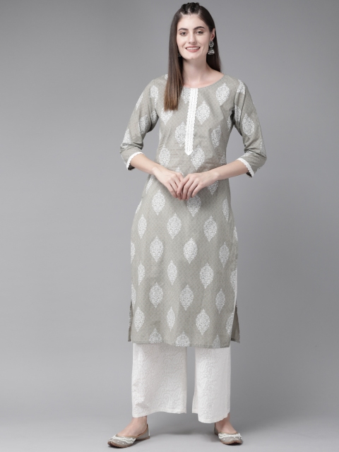 

Yufta Women Grey & White Pure Cotton Printed Kurta with Palazzos