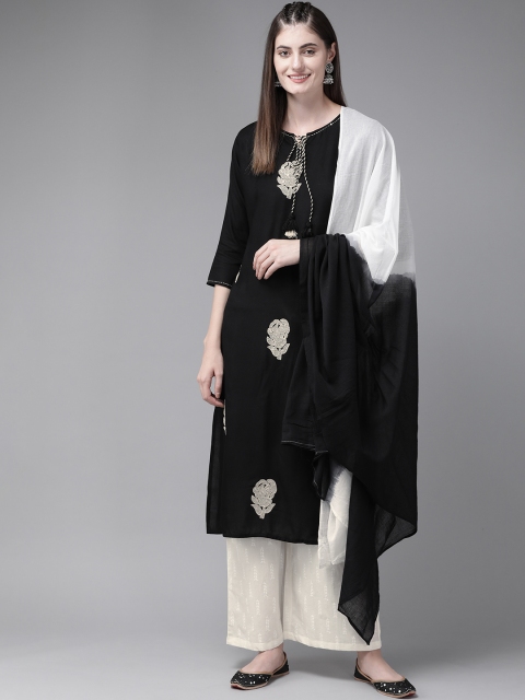 

Yufta Women Black & Cream Coloured Embroidered Kurta with Palazzos & Dupatta