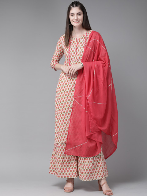 

Yufta Women Beige & Coral Pure Cotton Printed Kurta with Sharara & Dupatta