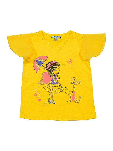 

Nauti Nati Girls Yellow Printed Pure Cotton T-shirt