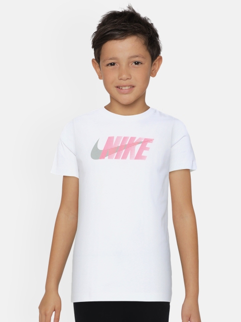 

Nike Kids White Printed Swoosh Round Neck Pure Cotton T-shirt