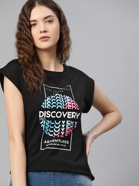 

Roadster X DISCOVERY ADVENTURES Women Black & Blue Printed Cotton N9 pure Silver MICRO PD TM T-shirt