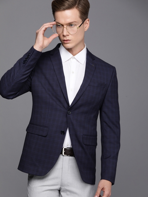 

Louis Philippe Men Navy Blue Checked Slim Fit Single Breasted Formal Blazer