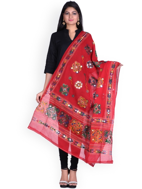 

SOUNDARYA Red Kantha Embroidered Dupatta