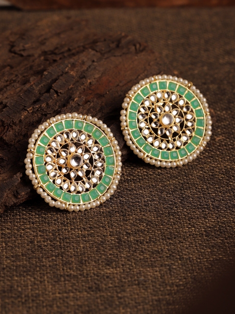 

Fabstreet Gold-Toned & Green Kundan Stone Studded Circular Studs