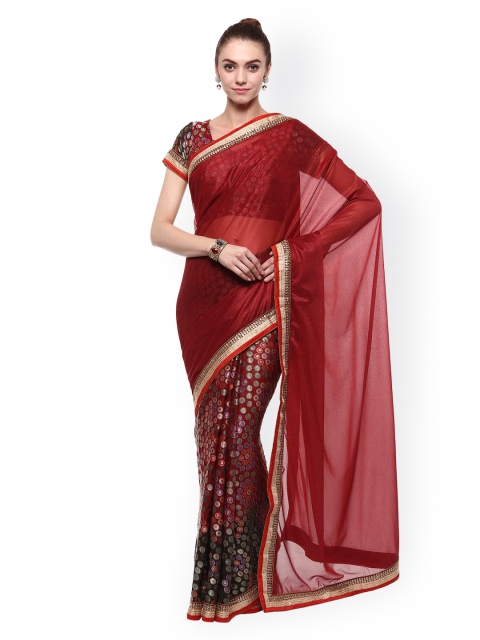 

Triveni Maroon Poly Georgette & Brasso Embellished Saree