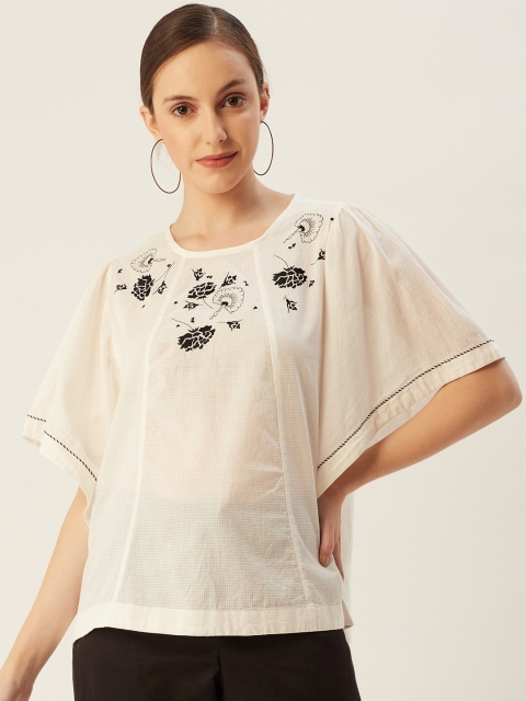 

Ritu Kumar Off White & Black Floral Print Cotton Kimono Sleeve Regular Top