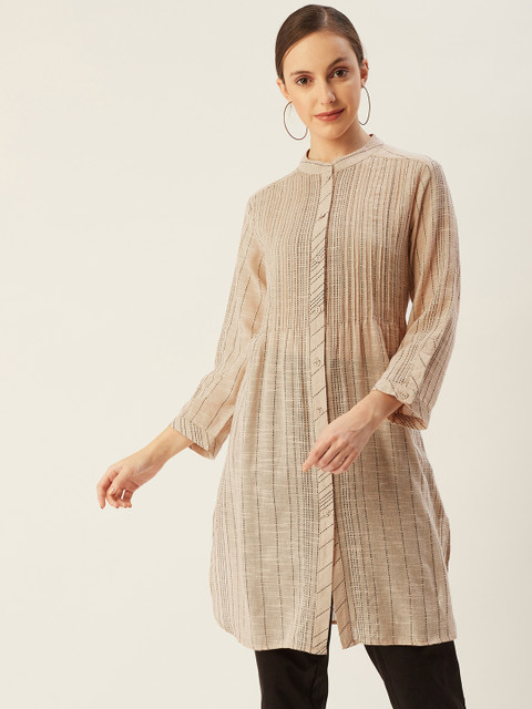 

Ritu Kumar Women Beige & Black Self-Striped Semi-Sheer Thread Work Kurta
