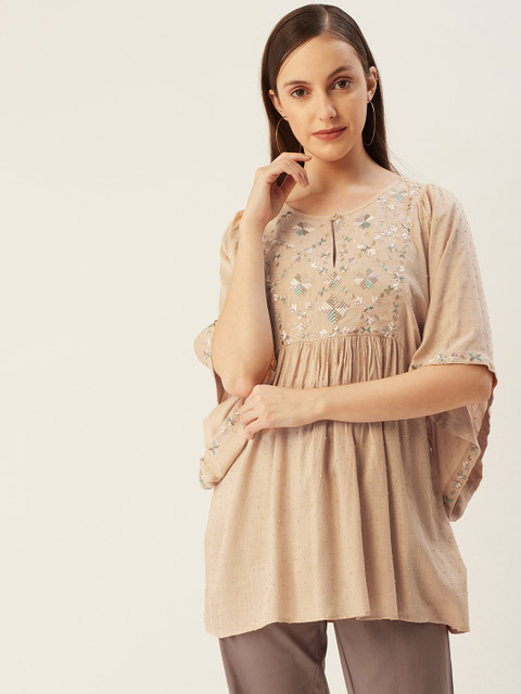 

Ritu Kumar Beige Geometric Yoke Embroidered Dobby Weave Kimono Sleeve A-Line Top
