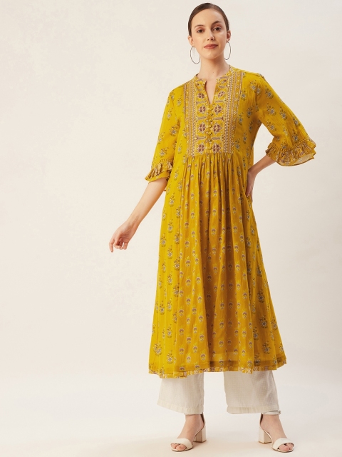 

Ritu Kumar Women Mustard Yellow & Beige Floral Printed Pure Cotton Kurta with Palazzos