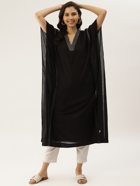 

Ritu Kumar Women Black Extended Sleeves Thread Work Kaftan Kurta & Camisole