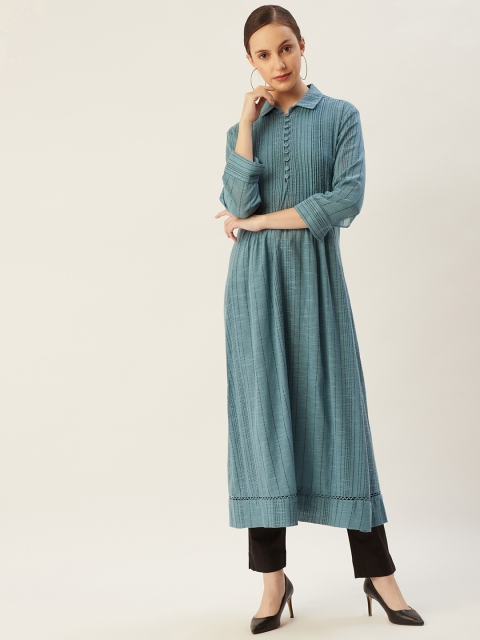 

Ritu Kumar Women Blue Self-Striped Cotton Thread Work Kurta