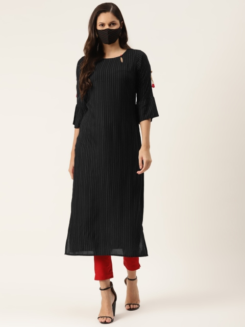 

Juniper Women Black & White Striped Thread Work Liva Straight Kurta with Mask