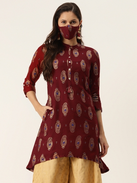 

Juniper Women Maroon & Golden Paisley Printed Thread Work Liva Kurta