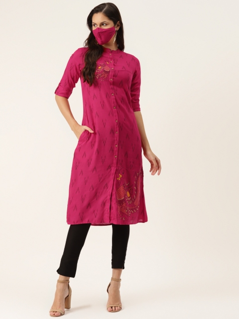 

Juniper Women Fuchsia & Black Ethnic Motifs Printed Liva Kurta