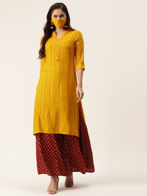 

Juniper Women Mustard Yellow & Maroon Kantha Striped Liva High-Low Kurta with Mask