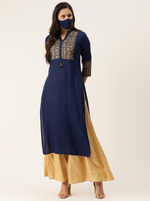 

Juniper Women Navy Blue & Golden Ethnic Motifs Yoke Design Thread Work Liva Kurta