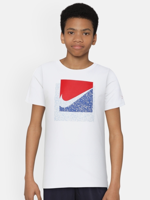 

Nike Kids White Printed Swoosh Round Neck Pure Cotton T-shirt