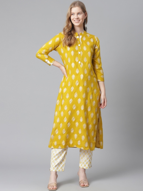 

HIGHLIGHT FASHION EXPORT Women Mustard Yellow & Golden Printed Kurta with Trousers