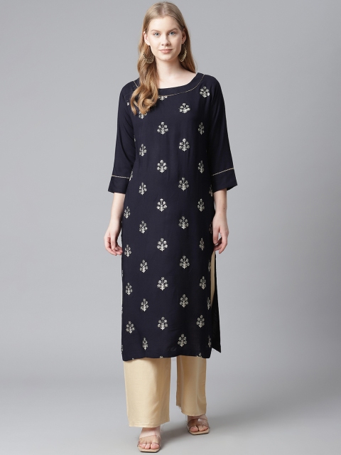 

HIGHLIGHT FASHION EXPORT Women Navy Blue & Beige Ethnic Motifs Embroidered Kurta