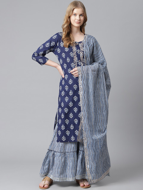 

HIGHLIGHT FASHION EXPORT Women Navy Blue Ethnic Motifs Printed Zardozi Kurta with Sharara & With Dupatta
